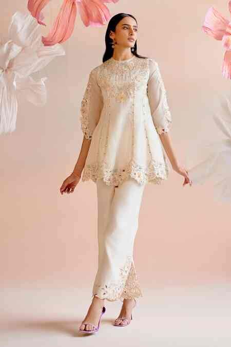 Buy Ivory Silk Organza, Chanderi Beads, Floral Embroidered Short Kurta ...