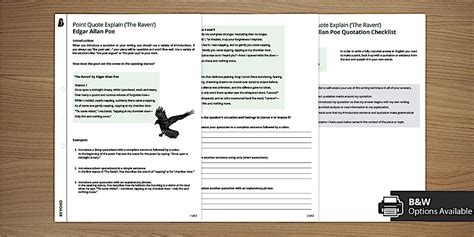 Point Quote Explain Activity Sheet 'The Raven' Edgar Allan Poe