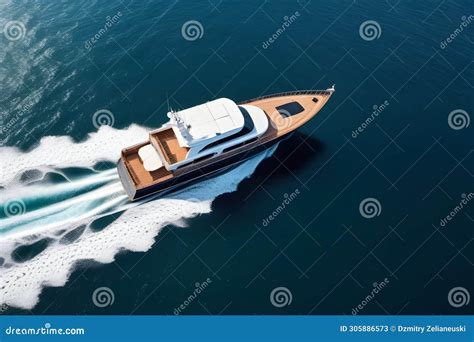 Modern Yacht on Deep Blue Ocean Water with Wavy Foam Trail from Back of ...