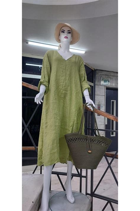 Pistachio Green Italian V-Neck Long Sleeve Linen Midi Dress - Bohem ...