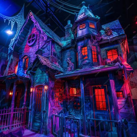 A detailed shot of a haunted house ride with spooky decorations ...