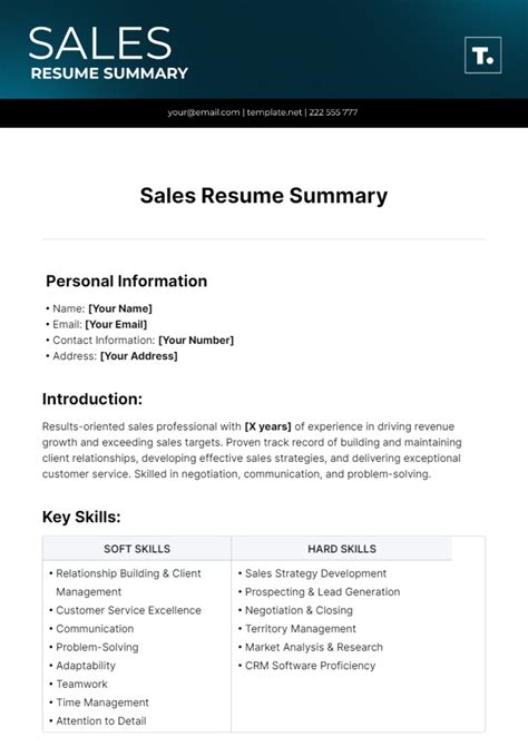 Free Sales Resume Summary Template to Edit Online