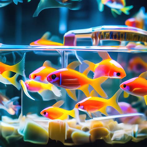 "Aquarium with transparent neon fish of different colors and shades, close-up" — image created ...