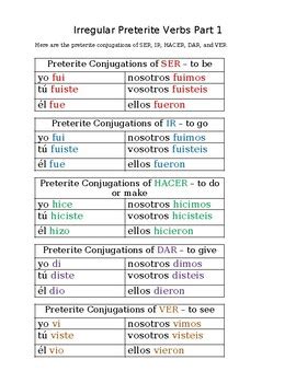Irregular Preterite Verbs Ser, Ir, Hacer, Dar, Ver study guide | TPT