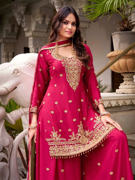 Magenta Pink Embroidered Georgette Kurta Sharara Set with Heavy Thread ...