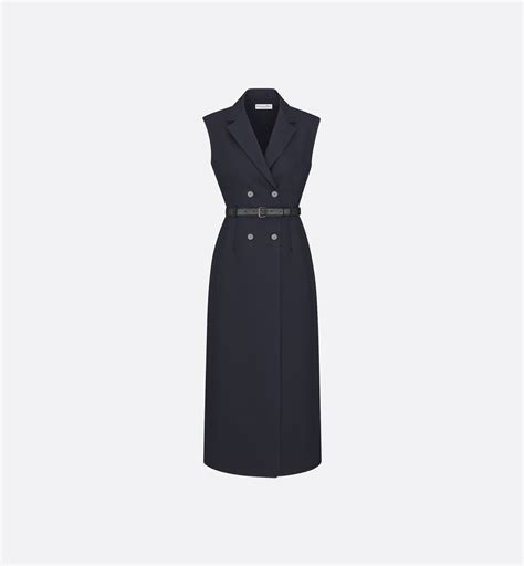 Mid-Length Belted Dress Blue Virgin Wool and Silk Grain de Poudre | DIOR