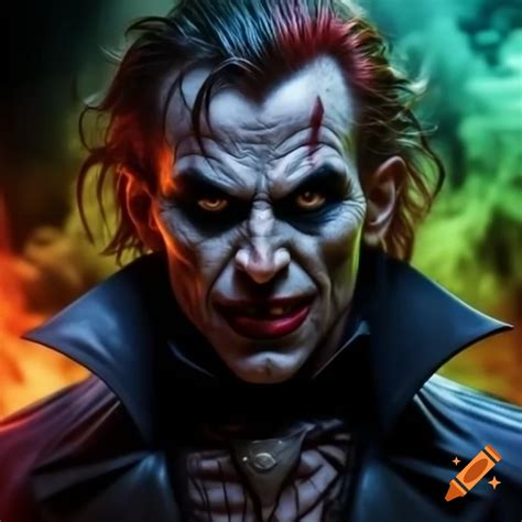 Psychedelic punk rock vampire with messy hair and face piercings against green smoke backdrop on ...