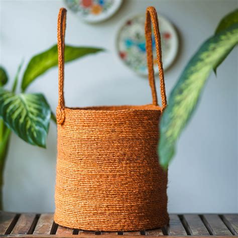 Buy Handcrafted Jute Bin with Double Handle- Orange Online On Zwende