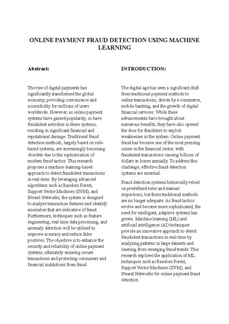 ONLINE PAYMENT FRAUD DETECTION USING ML: A Comprehensive Study - Studocu