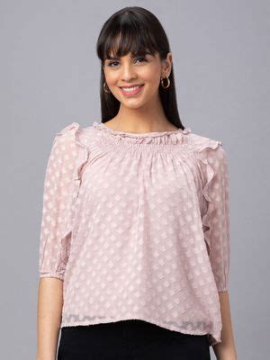 Buy Globus Women Peach Self Design Boat Neck Top Online