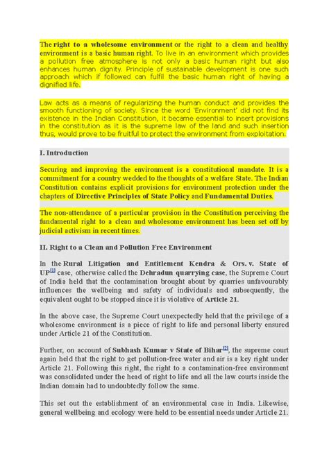 Right to Wholesome Environment: Evolution and Legal Framework - Studocu