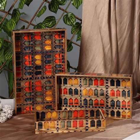 HomeShastra Wooden Serving Tray with Gold Engraving | Set of 3 | Size ...