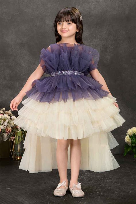 Navy Blue and Ivory Layered Tailback Party Dress For Girls – Lagorii Kids