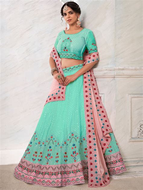 Turquoise Georgette Embroidered Semi Stitched Lehenga With U