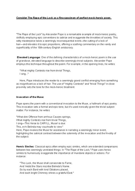 Mock Epic Elements in "The Rape of the Lock" (LIT 101) - A Satirical ...