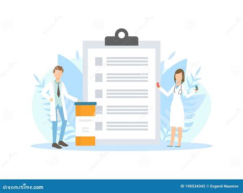 Tiny Pharmacists Doctors Standing Next Huge Clipboard with Prescriptions Vector Illustration ...