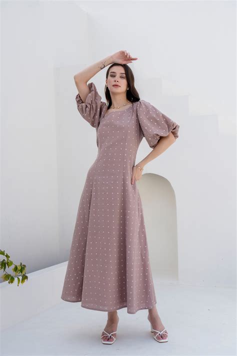 Order Apricot A-Line Maxi Dress with Polka Dot Prints
