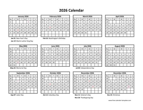 Printable Yearly Calendar 2026 | Free-calendar-template.com
