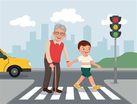 Cute little boy help elderly grandfather crossing street at the ...