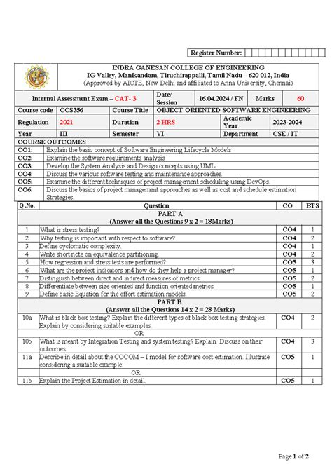 Oose cat 3 set A - Register Number: INDRA GANESAN COLLEGE OF ...