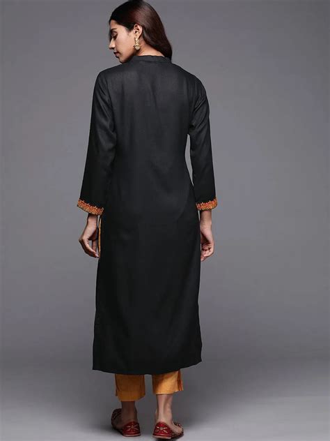 Buy Black Embroidered Pashmina Wool Straight Kurta Online at Rs.924 | Libas