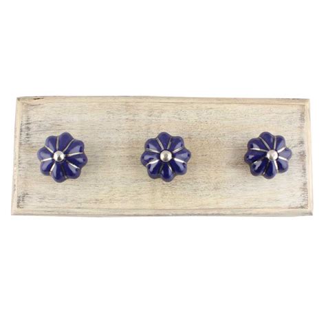 Navy Blue With Silver Line Medium Ceramic Melon Wooden Hooks