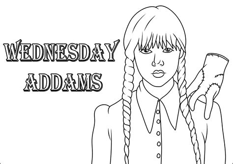 Wednesday Addams with the Thing on his shoulder - Wednesday Coloring Pages