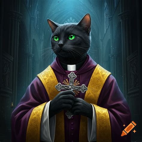A black cat dressed as a priest holds a cross in a gothic church. on ...