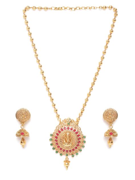 Green & Pink Gold-Plated Stone Studded Handcrafted Temple Jewellery Se ...