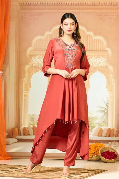 Red Handwork Crepe Silk Kurta & Pant Set