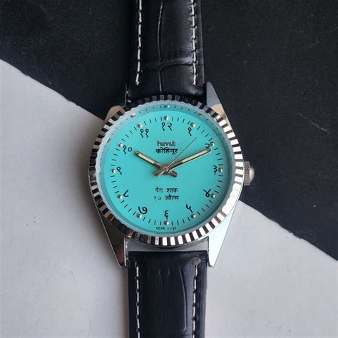 Vintage Mod HMT Kohinoor Devanagari Hand Winding 17 Jewels Sky Blue Fa ...