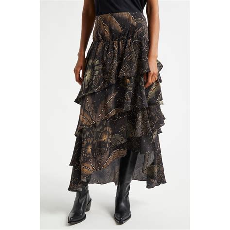 FARM Rio Golden Foliage Layered Ruffle Maxi Skirt in Black | Lyst