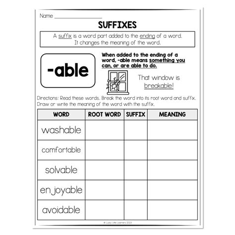 Suffixes - Worksheet for Word Meanings -ABLE - Lucky Little Learners