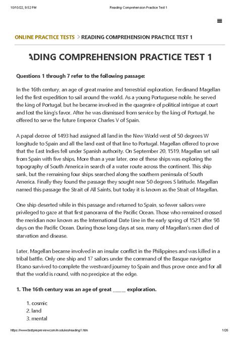 Reading Comprehension Practice Test 1 - ONLINE PRACTICE TESTS READING COMPREHENSION PRACTICE ...