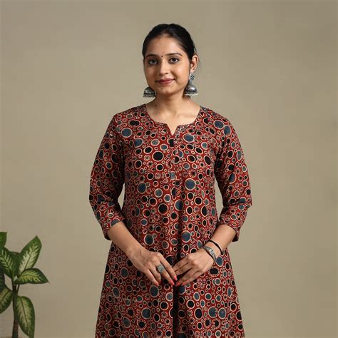 Red Block Print Natural Dyed Cotton A-Line Ajrakh Kurta