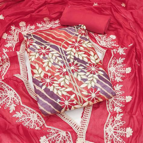 Gajari Pink Floral Embroidery With Printed Cotton Roman Silk Dress Mat