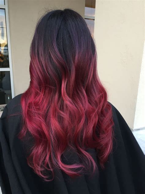 Balayage. Dark roots fade into dark purple and then fade into red ...