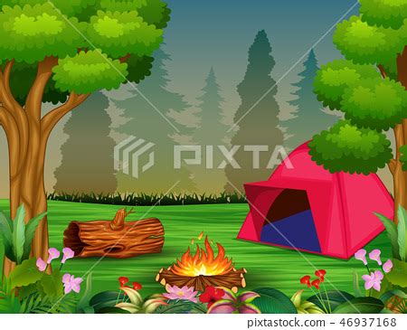 Forest camping concept with pink tent - 스톡일러스트 [46937168] - PIXTA