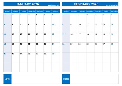 2026 Two-Month Calendar Printable Templates