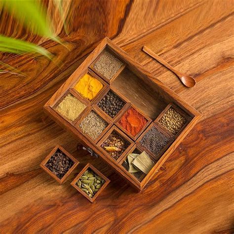 Buy Ajuny Wooden Masala Dabba Spice Storage Box With Glass Lid on Top ...