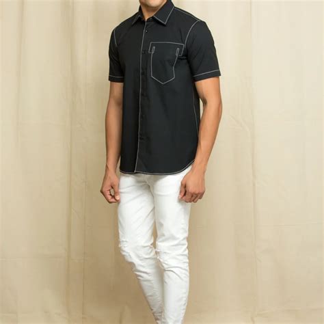 Black half sleeve shirt with contrast white stitch detailing. – ECHKE