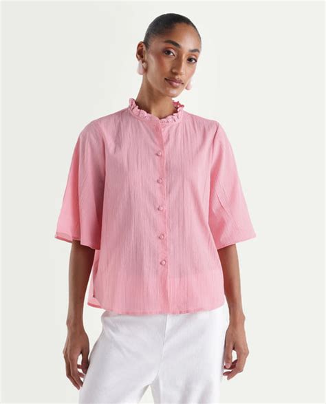 Buy Velpa - Pink Solid Relaxed Fit Button Down Top| Rareism