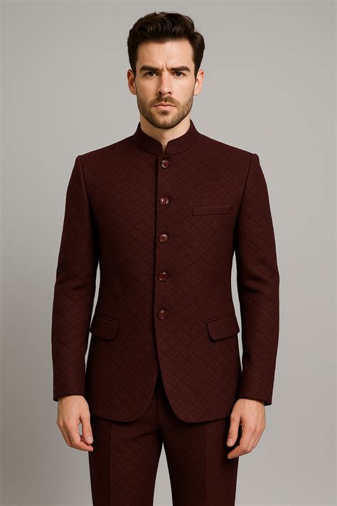 Maroon Textured Bandhgala Suit – 2 Piece | Regular Fit (Indian Collect ...