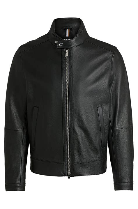 BOSS - Regular-fit jacket in grained leather - Black