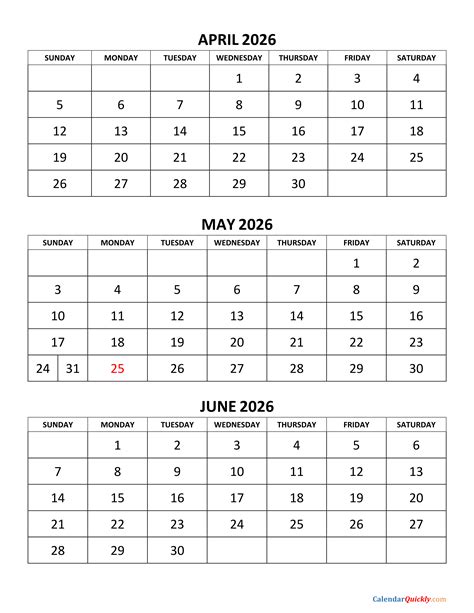 April to June 2026 Calendar | Calendar Quickly