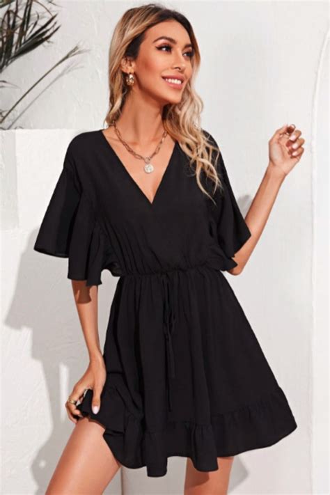 Ruffle Hem V-neck Fit And Flare Mini Dress – Styched Fashion