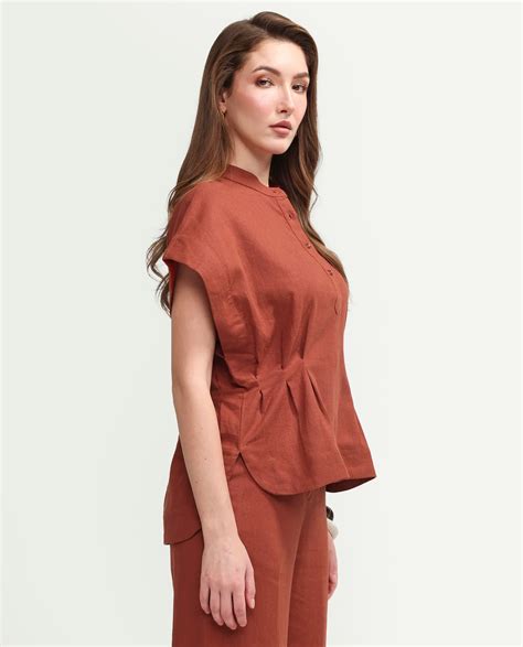 Rareism Women's Mappy-T Rust Linen Blend Half Sleeve Mandarin Collar R