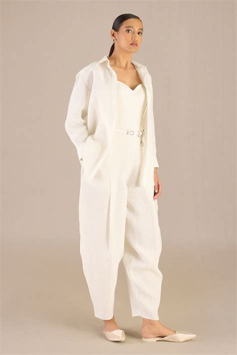 Buy Ivory Linen Buckles Collared Elizah Plain Shirt Dhoti Pant Set For ...