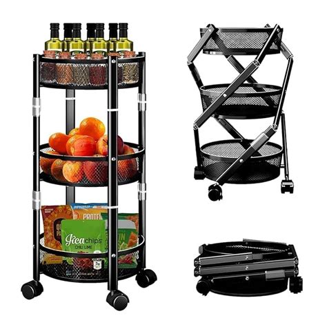 Whixant 3-Tier Foldable Storage Cart, Rolling Fruit Vegetable Basket ...