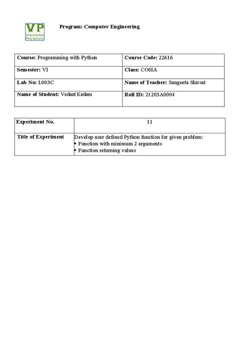 Experiment No.11 (PWP) - Program: Computer Engineering Course ...